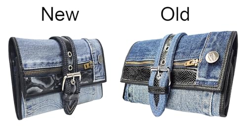 Upcycling Bifold Denim Wallet Decorated Snake skin PU leather Zipper and Buckle Accents Long Wallet Clutch Purse for Women (Black)3