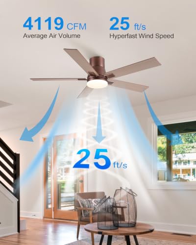Image of Rayqueen 52 Inch Brown Flush Mount Ceiling Fans with Lights and Remote