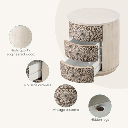 Image of SUNBURY End Table Living Room Small Side Table w 3 Drawers, Vintage Bedside Table, Elegant Nightstand Small Dresser for Bedroom, Lightweight MDF Accent Table (Floral Texture)