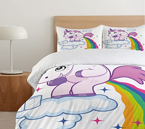 Ambesonne Funny Duvet Cover Set, Unicorn Pooping Rainbow Over Clouds Creative Girls Fantasy Cartoon, Decorative 3 Piece Bedding Set With 2 Pillow Shams, Queen Size, Pale Purple #TOP4