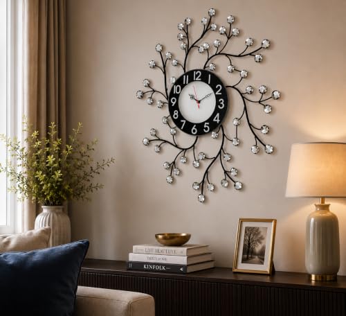 Image of CHRONIKLE Beautiful Round Diamond Studded Analog Floral Design Home /Office Decor Metal Crystal Wall Clock with Sweep Movement (Size: 60 x 5 x 60CM | Color: Black & Silver | Weight: 1030grm)