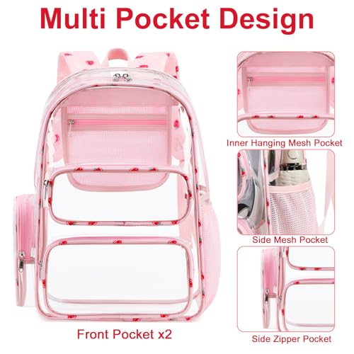 Image of BTOOP Clear Backpack Heavy Duty Transparent Backpack 17 inch See Through Bookbag for College Work Festival Security Padded Strap (Pink Strawberry)