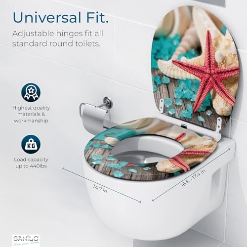 Image of Sanilo Wooden Toilet Seat with Quick Release & Soft Close [ROUND] - Decorative & Slow Close Molded Wood Seat - With One Click for Easy Installation & Cleaning - With Adjustable Fit (Bath Salt)