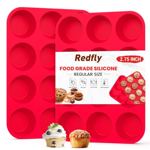 Redfly 2 Pack Silicone Muffin Pans for Baking & Cupcake Pan - 12 Cup Regular Size Silicone Molds,...