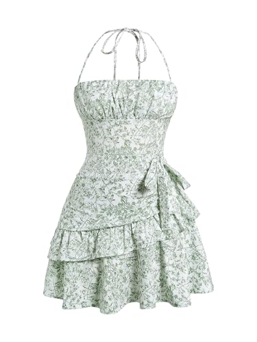 Image of Floerns Women's Floral Halter Ruffle Tiered Cute Summer Mini Dress Milkmaid Vacation Sundress