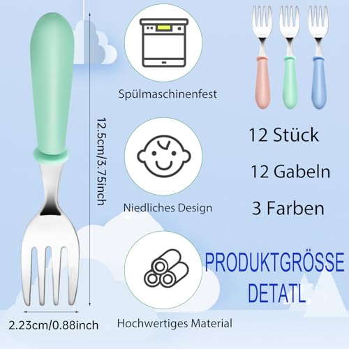 Jeffbaubl 12 Stück Baby Gabel,Kinder Gabeln BPA-Frei,Kleine Gabel Utensilien,Kindergabel aus Edelstahl,Kinderbesteck ab 1 jahr,Kinder Gabel für Baby Kleinkind Esslernbesteck,3 Farben