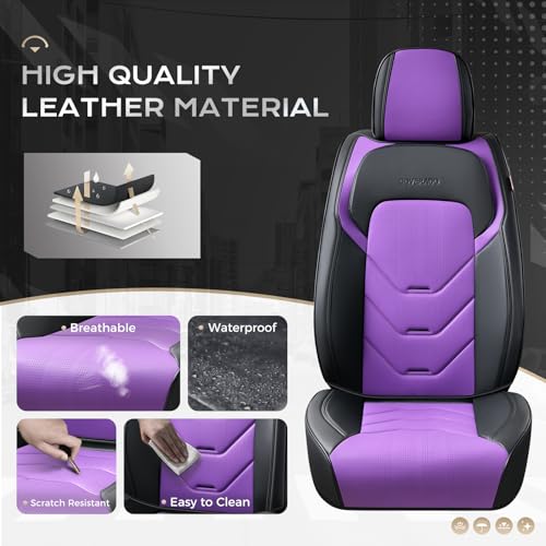 Image of Coverado Car Seat Covers, 2 PCS Front Seat Covers, Black&Purple Leather Seat Cover for Car, Waterproof Car Seat Protector, Automotive Seat Cover Car Seat Cushion Universal Fit for Most Sedan SUV Truck