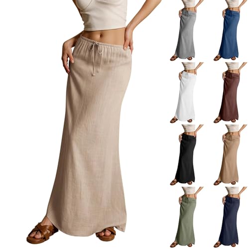 Linen Maxi Skirts for Women 2025 Trendy Elastic Waist A Line Skirt Summer Flowy Long Skirts Boho Beach Cover Up Skirt