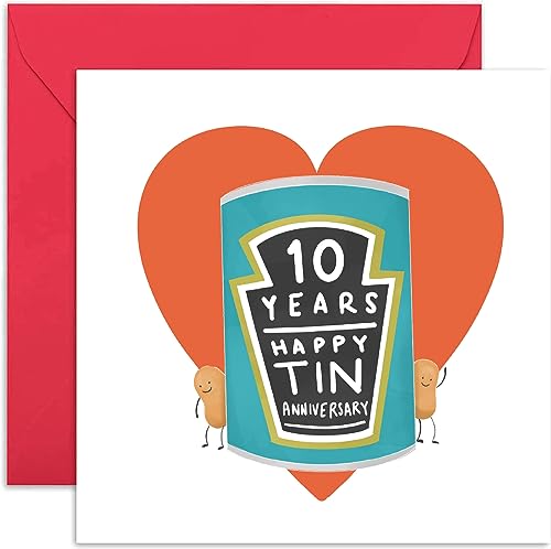 Old English Co. Tarjeta de felicitación de 10º aniversario de boda, tarjeta de aniversario de boda de lata para pareja casada, cónyuge, esposa, marido, lata de lata casada diez años | Sobre interior