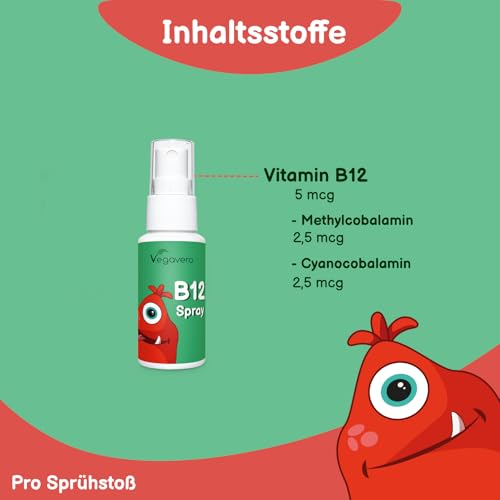 Vitamin B12 Spray für Kinder Vegavero | Vegan & Zuckerfrei | 5 µg B 12 in zwei Formen | Methylcobalamin | Leckerer Kirschgeschmack | Immunsystem & Energie*