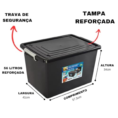 Kit 2 Caixas Organizadoras Preta com Tampa e Trava Prata - 56 Litros