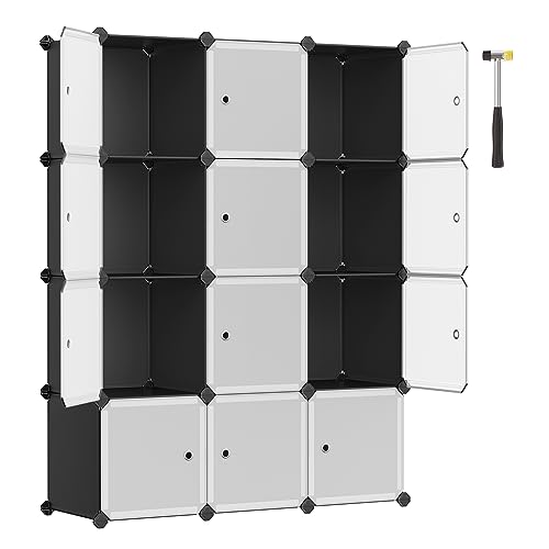SONGMICS Estantería Modular, Armario Modular de 12 Cubos, Estantería de Plástico con Puertas, para Zapatillas, Ropa, Libros, Fácil de Montar, Negro y Blanco LPC34HV1