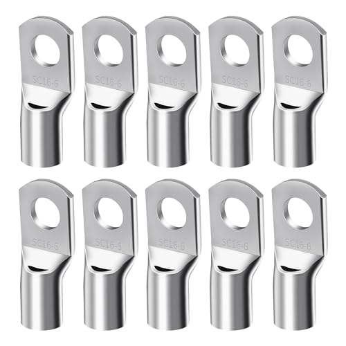 Pack of 10 cable lugs, tubular cable lugs, ring cable lugs, cable connectors, non-insulated cables, crimp cable lugs blanks, SC16-6 (silver)