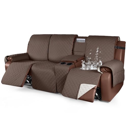 Image of KinCam 100% Waterproof Recliner Sofa Cover with Console, Non-Slip Reclining Couch Covers for 3 Seat, Recliner Couch Cover Furniture Protector with Elastic Straps for Pets, Kids, Brown