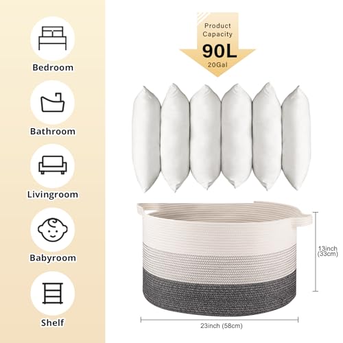 OIAHOMY 90L Extra Large Blanket Basket - Decorative Cotton Rope Storage Basket for Bedroom, Living Room & Nursery - Woven Laundry Hamper for Organizing Blankets, Clothes & Toys - Black and White by OIAHOMY - Image 3