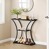 Hoctieon 3 Tier Console Table with Open Wood Shelves, Decorative Entryway Table with Curved Metal Frames, Narrow Sofa Table for Entrance, Living Room, Hallway, Black Marbled