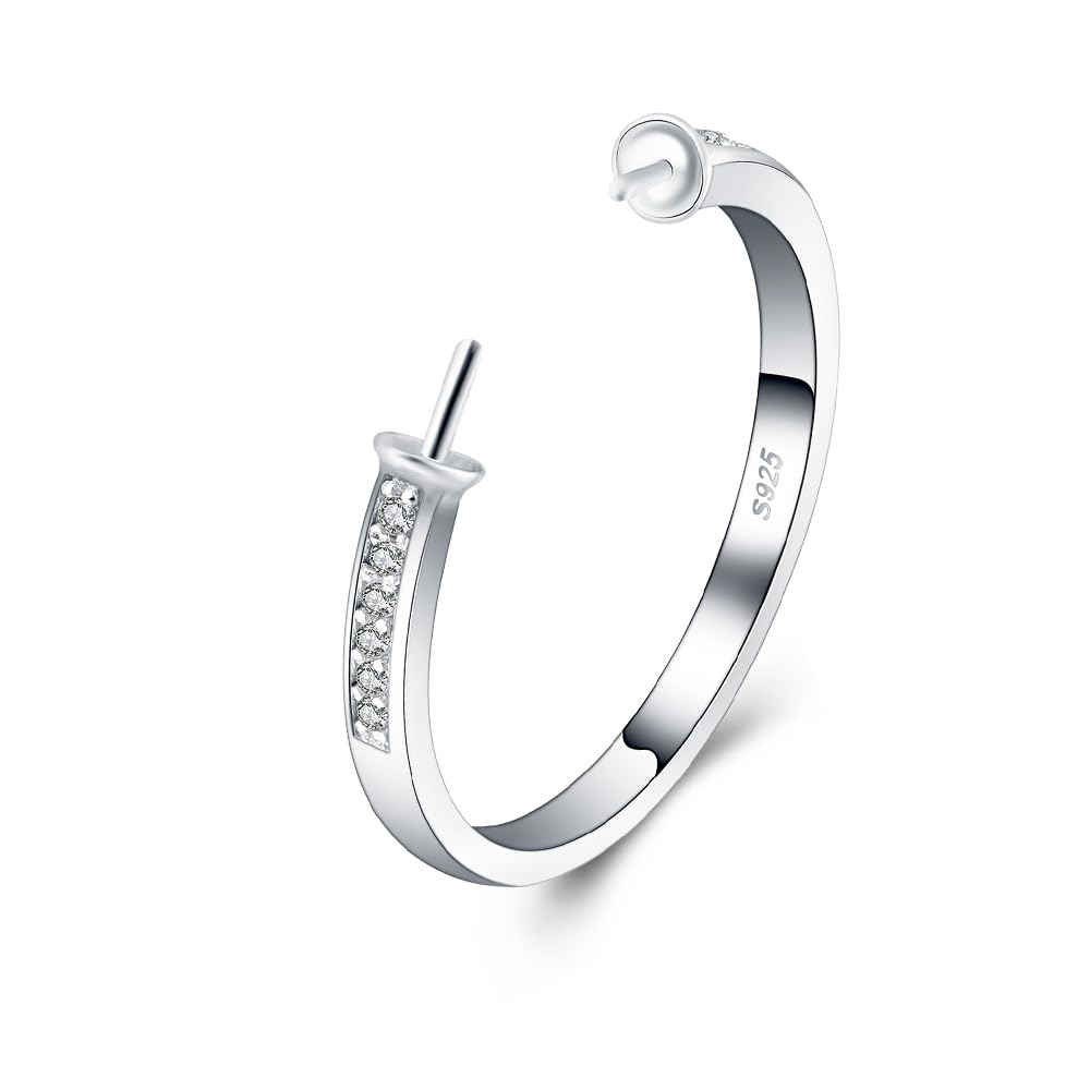 LGSY Sterling Silver CZ Double Simple Design Adjustable Rings for Women, Design Ring Mounts Fittings with Pearl Seat for DIY Jewelry Making