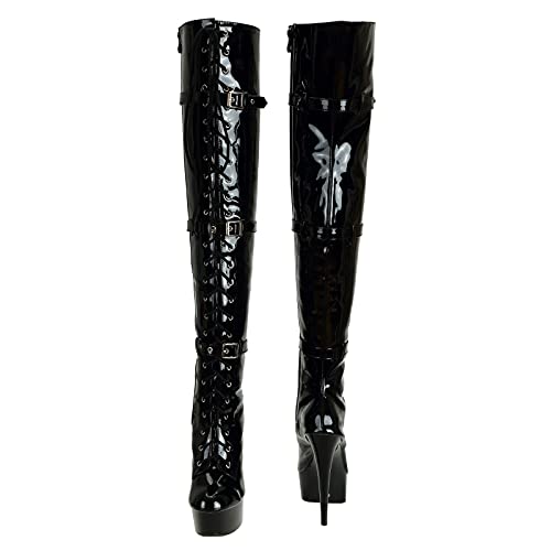 Women's Thigh High Lace-Up Zipper 15CM Stiletto Heel Patent Leather Over The Knee Black Boots for Halloween Costume Cosplay2