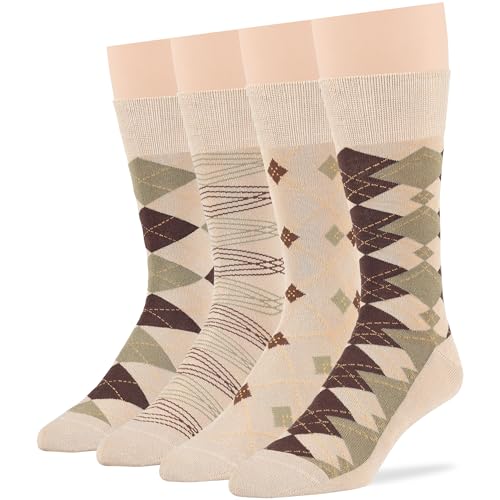 7BIGSTARS KINGDOM Men Viscose From Bamboo Patterned Dress Sock - 4 Pack - Argyle, Geometric, Stripe - Breathable Casual Crew Fashion Seamless Light Beige Assortment - Sock Size 10-13 Shoe 9-12 L