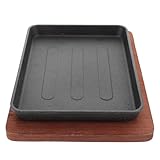 MOBUTOFU Steakpfanne Gusseisen mit Zwei Griffen und Holztablett Rechteckige Grillplatte für Teppanyaki und Vielseitige Küchenanwendungen 19,5 X 14,5cm