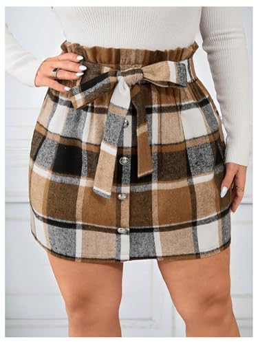 WDIRARA Women's Plus Size High Rise Plaid Skirts Button Up Belted Paperbag Waist Skirt3