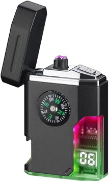 Dual Arc Lighter Rechargeable Windproof Flameless Waterproof Electric USB Lighter with LED Flashlight Digital Display, Compass, Bottle Opener for Outdoor Camping Hiking Black