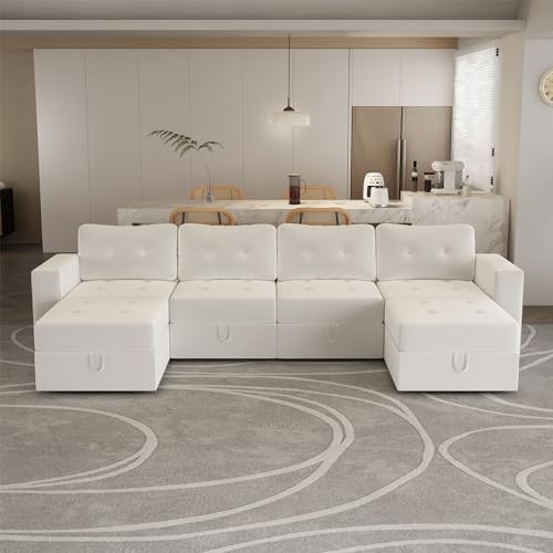 Image of QHITTY U Shaped Sectional Modular Sofa, 6 Seater Accent Couch with Hidden Extra Large Storage Space for Living Room, Beige White