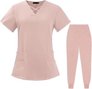 Conjunto de esfoliante para mulher túnica de saúde manga curta decote em V tops calças com bolsos