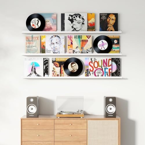 Image of Wooden Floating Wall Shelves Set of 3 for Living Room & Bedroom | Modern Wall Mounted Display Rack for Decor, Photo Frames, Plants & Storage (White, 56 Inch)