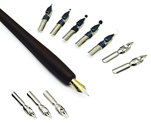 Plotube Wooden Pen Calligraphy Set - Dip Pen Gift Writing Case - Black Ink Bottle & Golden Pen Holder & 11 Nibs And Beginner's Manual #TOP3