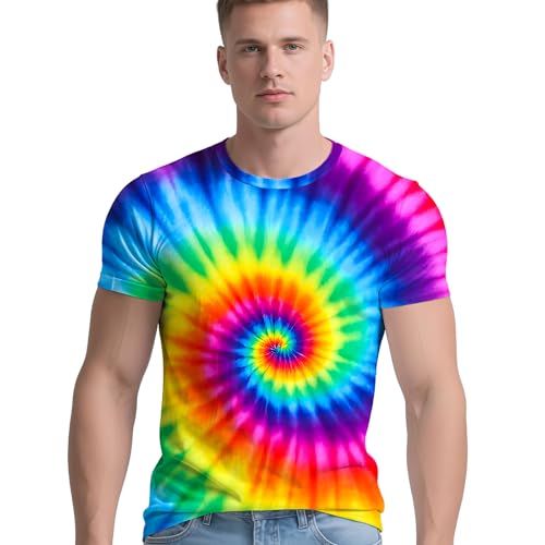 Men's Retro Tie Dye T Shirts 70s 80s 90s Washable Short Sleeve Hippie Clothes Vintage Tees for Casual Wear Size:S-3XL