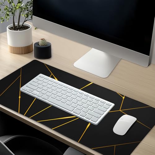 Image of Gaming Mouse Pad 35.4�15.7 Inch XXXL with Stitched Edges Extended Waterproof Gold Line Black Geometric Desk Pads Non-Slip Rubber Base Large Keyboard Mat Computer Gaming Mousepad for Work /Office /Home