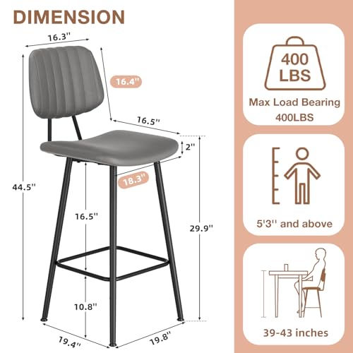 Image of Raynesys 29-Inch Leather Bar Stools Set of 3 with High Backrest, Grey