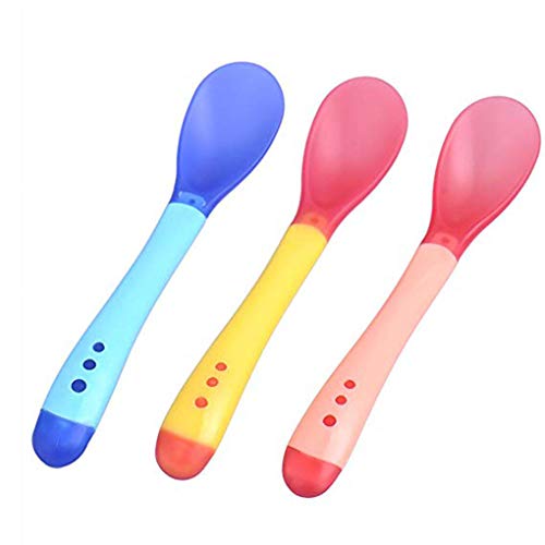 Uzinb 3pcs Bimbi Piccoli Utensili di plastica per Neonati Cucchiaio di Alimentazione Infantile Strumento sensibile al Calore Bambini da tavola