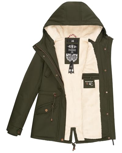 MARIKOO Damen warme Winterjacke mit kuscheliger verstellbarer Kapuze Manolya Dark Olive Gr. L