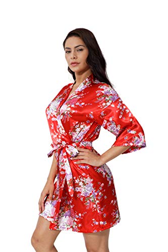 DITSONEO Womens Floral Robes Silk Satin Wrap Kimono Bathrobes Bridesmaid Wedding Party Lightweight Nightgown Red - Thumbnail 7