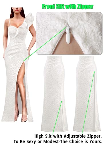 Image of VFSHOW Womens Ruffle One Shoulder Strap Ruched Formal Prom Wedding Maxi Dress V Neck Elegant Split Cocktail Evening Long Gown