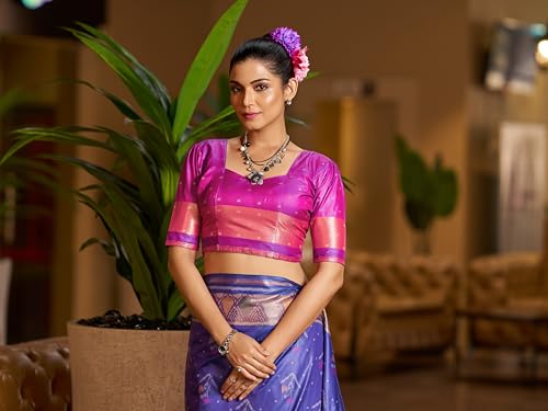 Image of MADHUHANSH Women's Cotton Linen Saree with Unstitched Blouse Piece and Solid Pattern | Mithila Painting Saree | Saree for Haldi Ceremony