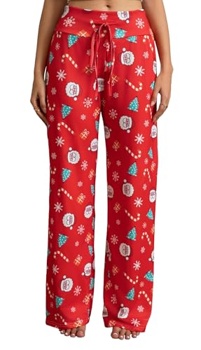 X-Image Womens Christmas Print Pajama Pants Comfy Pj Bottoms Loose Wide Leg Athletic Pant Xmas Red Santa X-Large