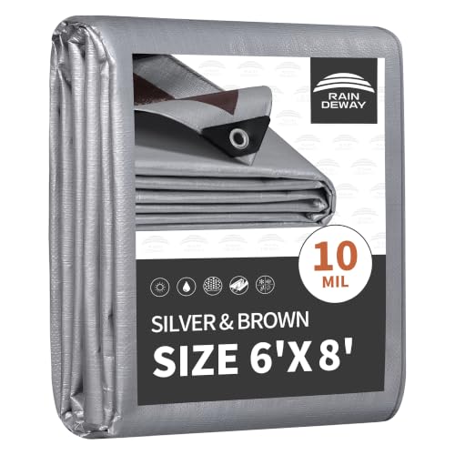 RAINDEWAY 6x8 Feet Tarps Heavy Duty Waterproof 10Mil Thick Multipurpose Poly Small Tarp Cover with Metal Grommets and Reinforced Edges Silver/Brown Tarp