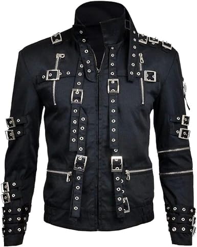 RightLeather Classic Michael Bad Concert Tour Punk Belts Costume Silver Satin Biker Jacket (US, Alpha, X-Large, Regular, Regular)