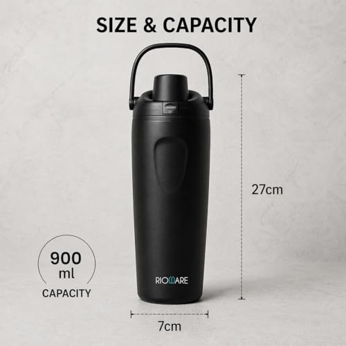 Image of Rioware 900ml Vacuum Insulated Tumbler with Flip Cap | 304 Grade Steel | 8 Hrs Hot & 14 Hrs Cold | Leakproof Travel Coffee Mug | Large Capacity Water Bottle with Handle | BPA Free- Black