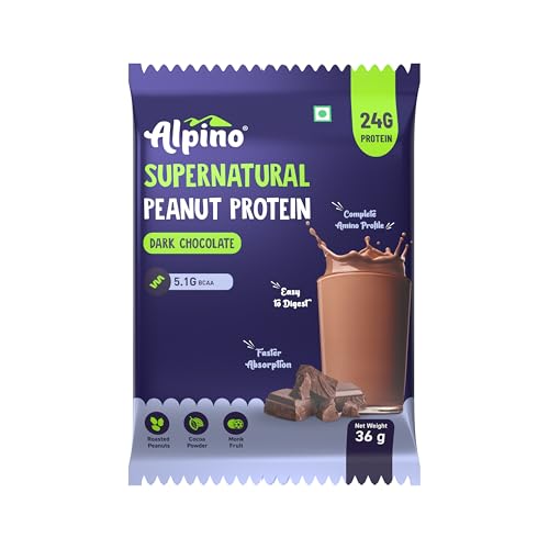 Image of Alpino Supernatural Peanut Protein Powder Dark Chocolate 216g (6 Day Trial Pack) - 100% Plant-Based, High-Performance Protein - 24g Protein, 5.1g BCAAs, No Added Sugar