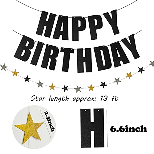 Jansong Black Glittery Happy Birthday Banner Decoration Kit With Hanging Star Bunting Gold Glittery Grey Black Star Garland For Birthday Party Decorations Supplies #TOP1