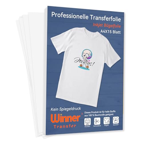 WinnerTransfer Professionelle Inkjet Transferfolien A4X15 Blatt Für helle Stoffe Buegelfolie Für helle T- Shirts Transferpapier Bügelpapier Textilen Folien(D-WT-2-15)