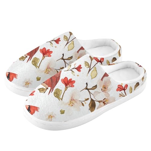 JUNZAN Fierce Northern Red Birds White Womens Cotton House Slippers Wide Memory Foam Indoor Shoes for Bedroom Christmas Presents 6-74