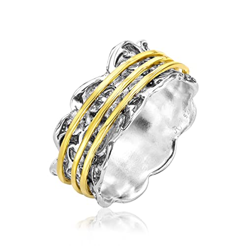 Three 14K Gold Plated 925 Sterling Silver Spinner Ring Unisex Bands Embossed Lace, Oxidized, Vintage Stylish Hypoallergenic, Nickel Lead-Free, Artisan Handcrafted Designer Made In Israel #TOP5