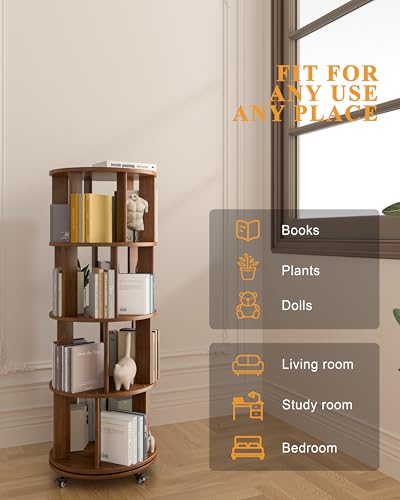 Image of IUNVR 4 Tier Rotating Bookshelf Tower Spinning Bookshelf with Swivel Wheels Book Shelf Rotating Storage Tower for Kids Adult Narrow Solid Wood Revolving Bookcase Organizer for Bedroom Living Room