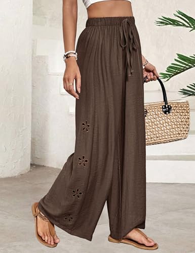 Lounge Pants Women Cotton High Waist Trousers Wide Leg Stretchy Sweatpants Casual Summer Comfy Pants Brown M2