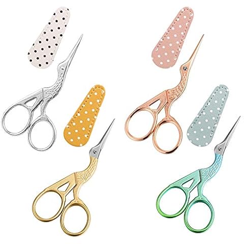 Gaosaili 4 Pairs Sewing Embroidery Stork Scissors with Leather Scissors Cover, Small Stainless Steel Crane Shape Scissors for Manual Sewing Handicraft DIY Tool Cover